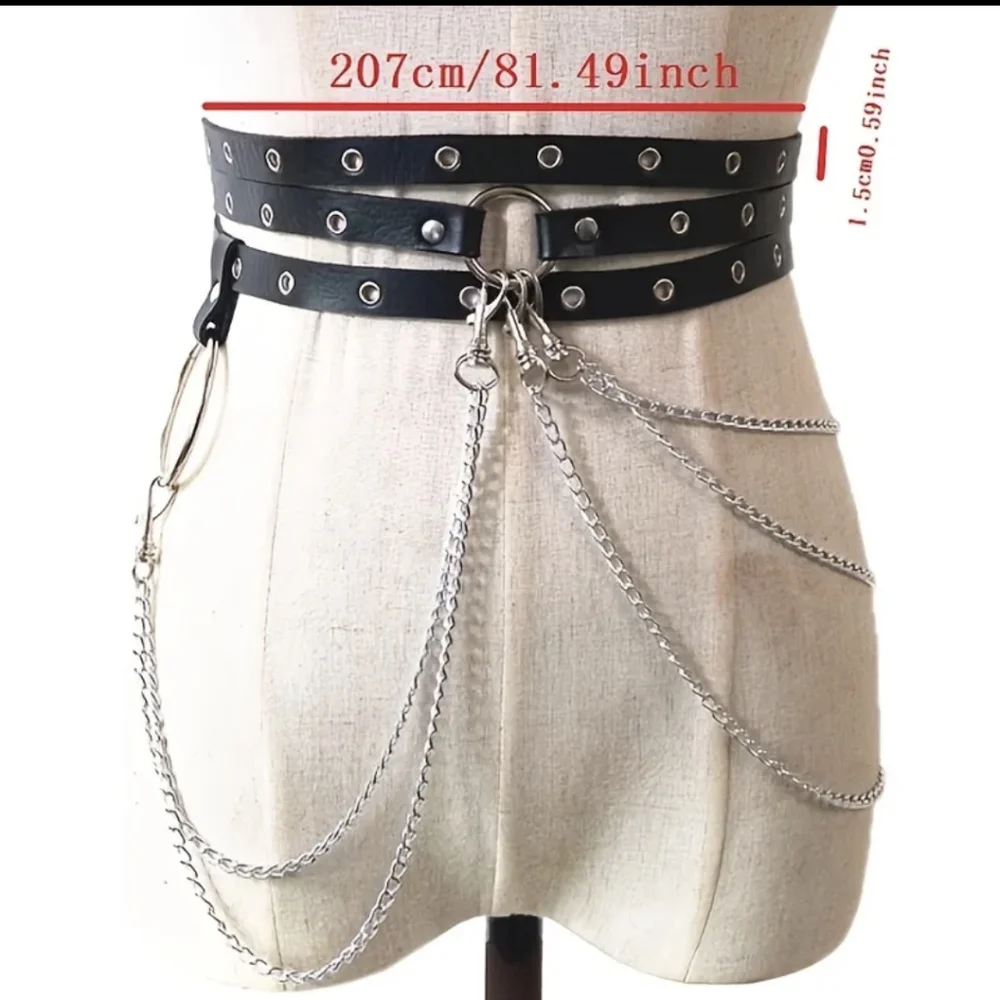 Woman's Black Waist Belt With Chain - Picture 2 of 7